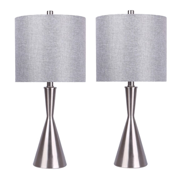 23" Brushed Nickel Table Lamps w/ Hourglass Body & Grey Linen Shades (Set of 2)