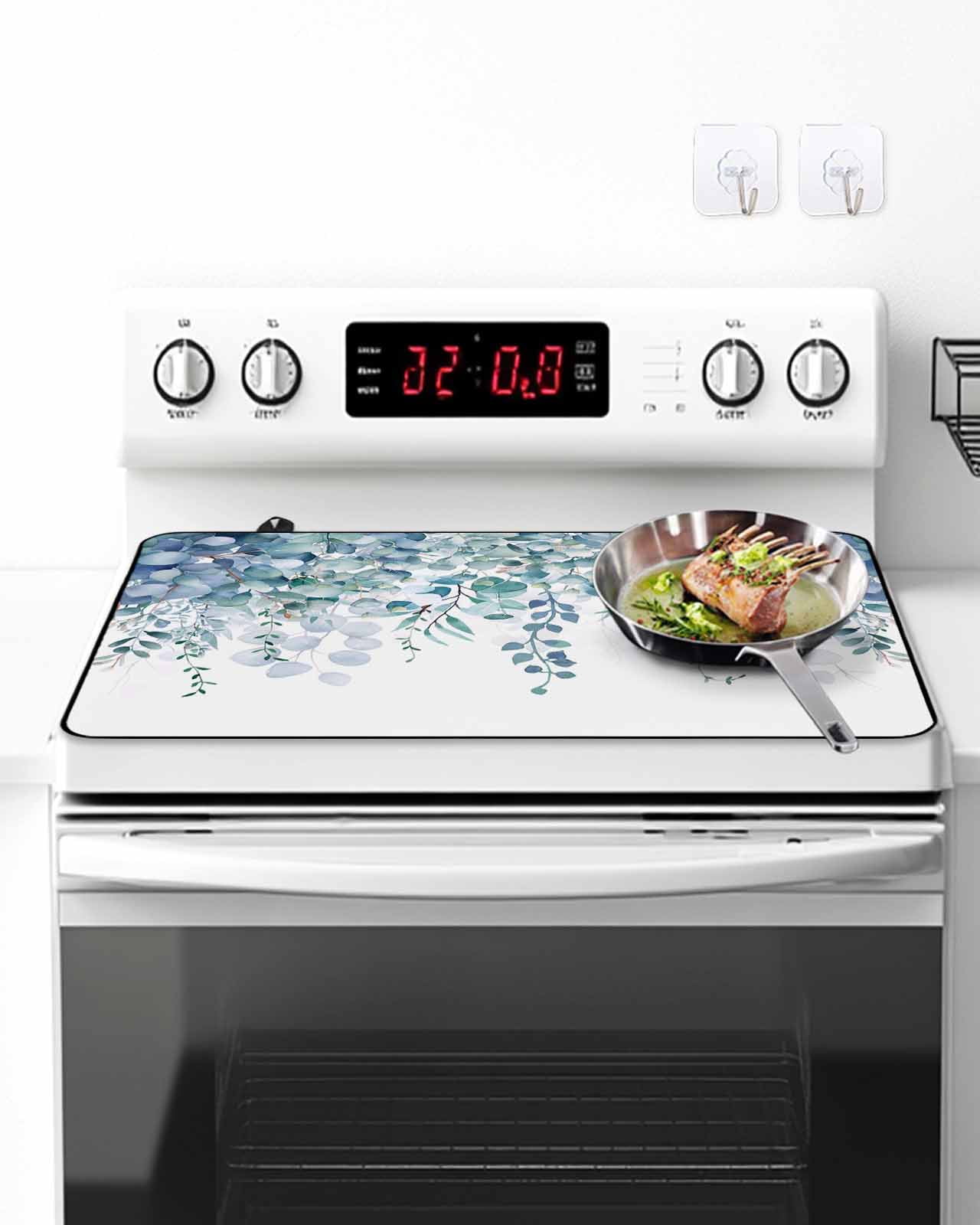 Stove Top Covers for Electric Stove, Teal Blue Eucalyptus Leaves Glass Stovetop Cover Protector, Spring Floral Summer Botanical Induction Cooktop Protector Oven Mat for Kitchen Countertop 28.5"x20.5"