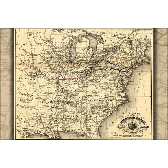24"x36" Gallery Poster, map of the Pennsylvania Central RailRoad 1858