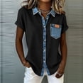 thumbnail image 2 of Miluxas Women's Denim Patchwork Button Down Blouse Short Sleeve Turn Down Collar Top with Pocket Casual Summer Shirts Black, 2 of 5