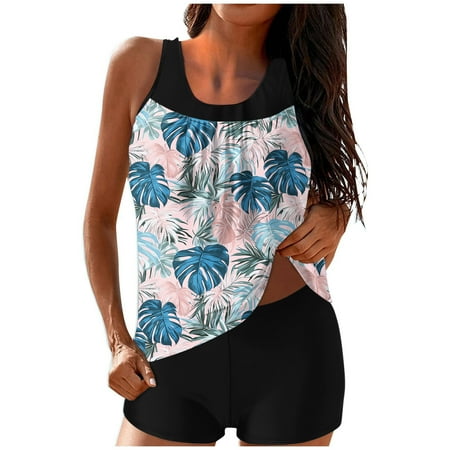 Womens 2 Piece Summer Beach Swimwear Long Torse Tankini Swim Top with Boyshorts Old Women Tropical Modest Bathing Suit Light Blue  L