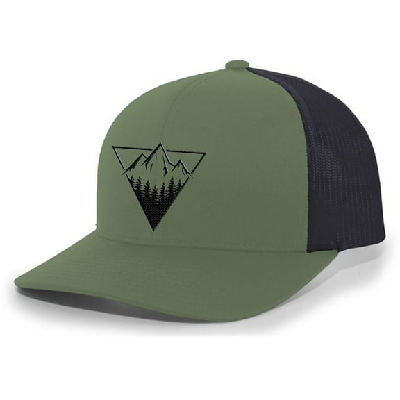 Men's Retro Geometric Triangle Mountain Outdoors Woodland Embroidered Mesh Back Trucker Hat, Loden/Black