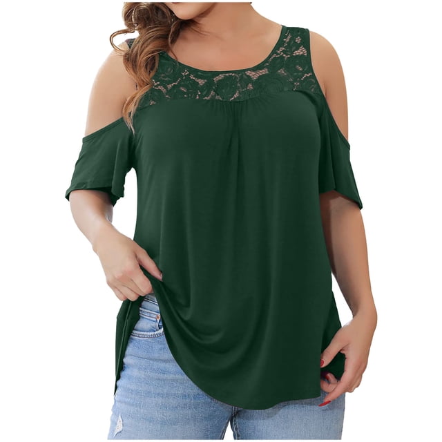 Pompotops Mode Femme Blouse Décontractée Col Rond Unie Dentelle Manches Courtes T-Shirt Été Grande Taille