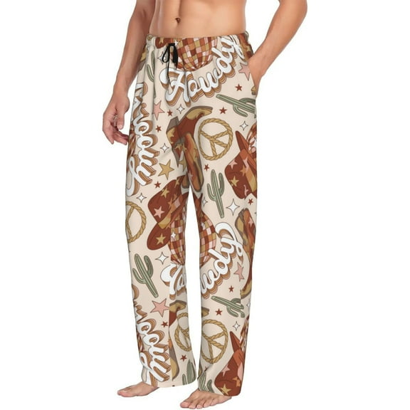 Mens Pajama Pants Bottoms with Pockets - western disco cowboy hat boots retro Comfy Mens Pj Pants, Soft Men Lounge Pants