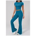thumbnail image 4 of PISONIC 2 Piece Workout Sets for Women Short Sleeve Crop Top High Waist Flare Leggings Set Gym Yoga Outfits, 4 of 7