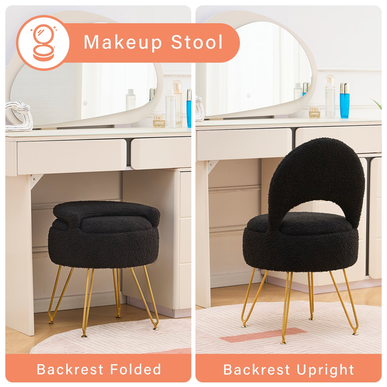 Casa Pura Furniture Modern Teddy Velvet Storage Ottoman Folding Back Vanity Stool Round Black