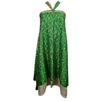 Mogul Vintage Silk Sari Wrap Skirt Green Floral Print  2 Layer Reversible Beachwear