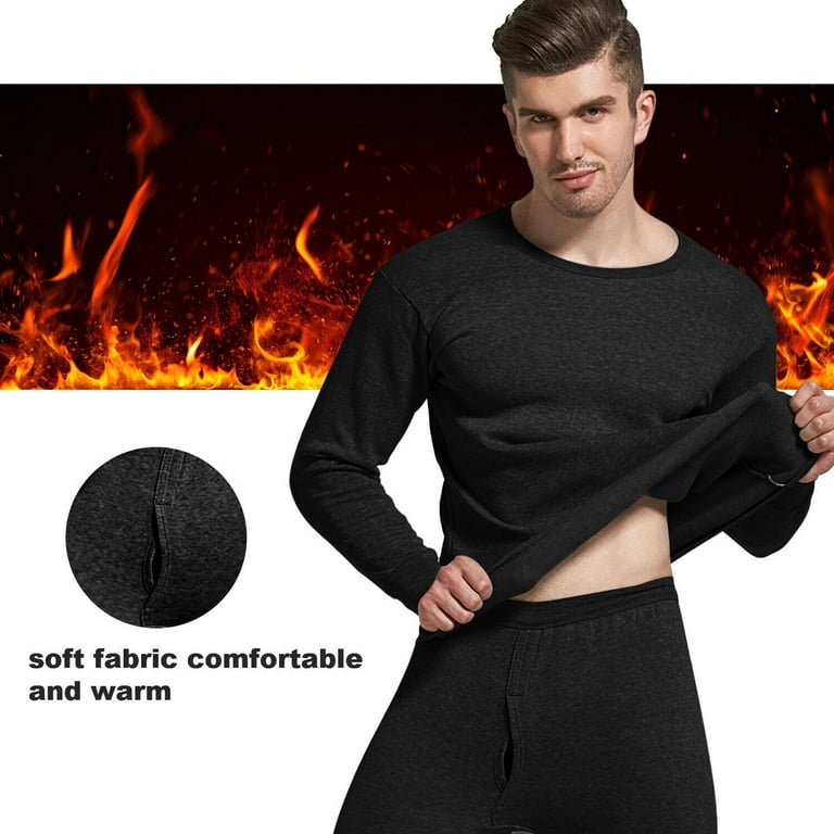 Men's Soft Thermal Pants Stretchy Base Layer Warm Underwear Top & Bottoms 2  Pieces, Black, 2XL