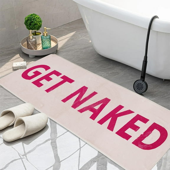 Pink Get Naked Bath Mat, Cute Long Hot Pink and White Runner Rug, Absorbent Non Slip Bathroom Mat, Funny Bathroom Decor for Bedroom Hallway Kitchen, Soft Plush Washable Shower Rug 16"×48"