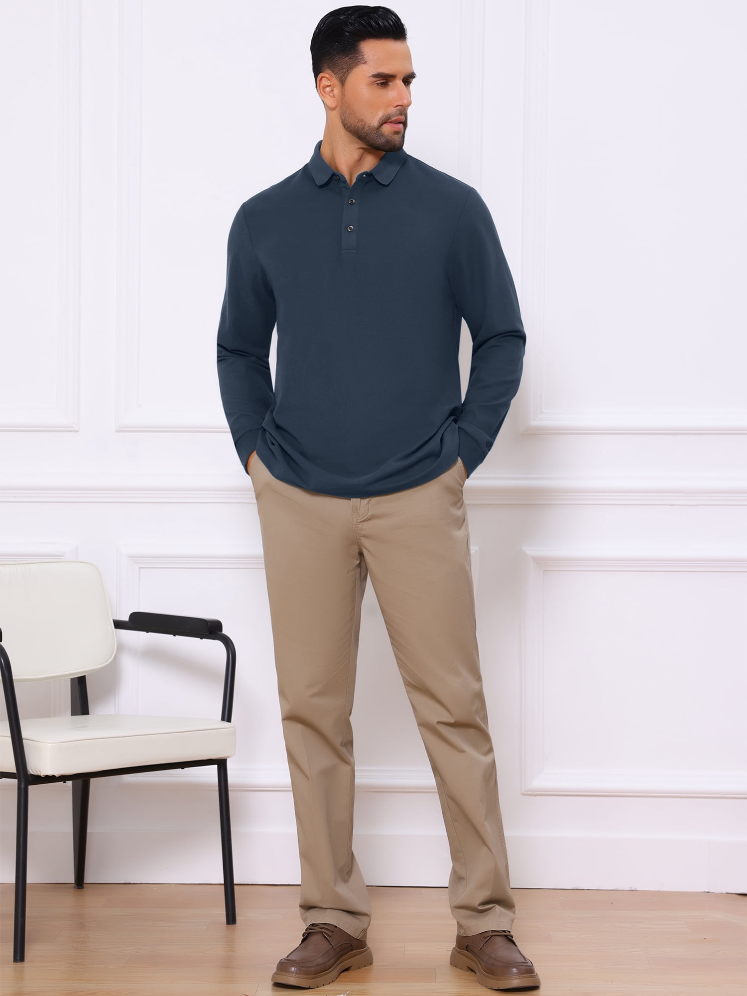 DARING DIVA Men's Classic Solid Color Long Sleeves Basic Golf Polo T-Shirts L Dark Blue
