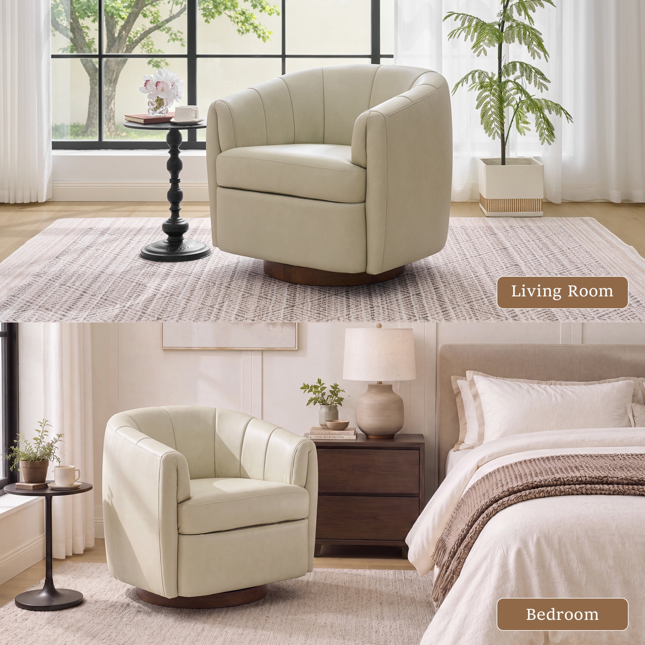 Noble House Swivel Accent Chair with Solid Wood Base, PU Leather Upholstered Armchair for Living Room, Cream