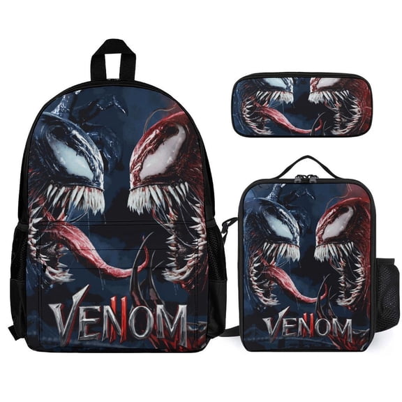 Venom Fun cartoon three-piece backpack set: includes backpack lunch box and pencil case One size
