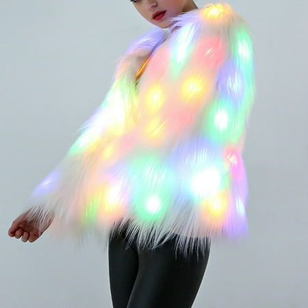 

Women Christmas LED Faux Fur Coat Stage Costumes Nightclub Outwear Dancer Jackets Size L (White)