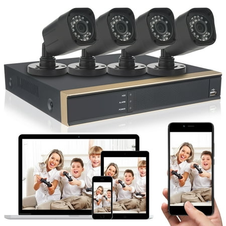 DID 4CH AHD 720P CCTV Camera Security System with 4 pcs IP Outdoor IR Night Vision Home Security Camera System White (Wireless Supporting iPhone & Android)