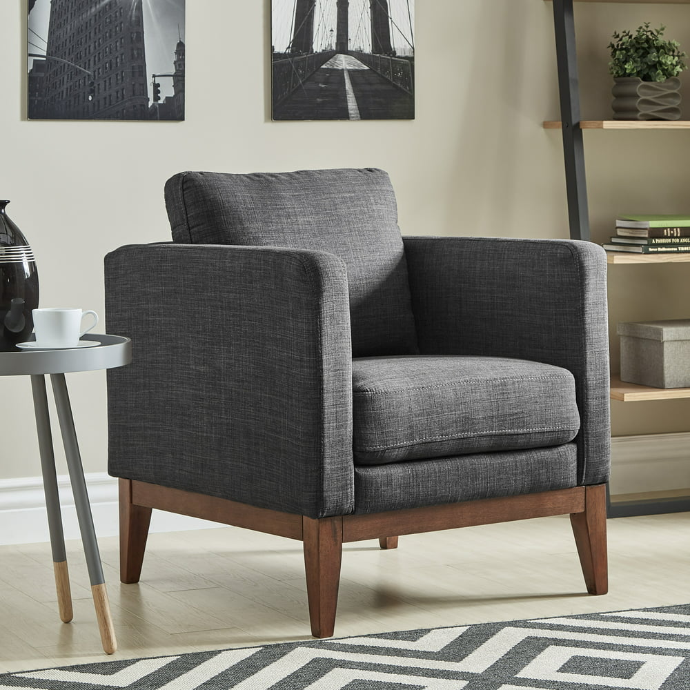 Weston Home Riley Linen Upholstered Accent Chair with Wood Legs, Dark ...