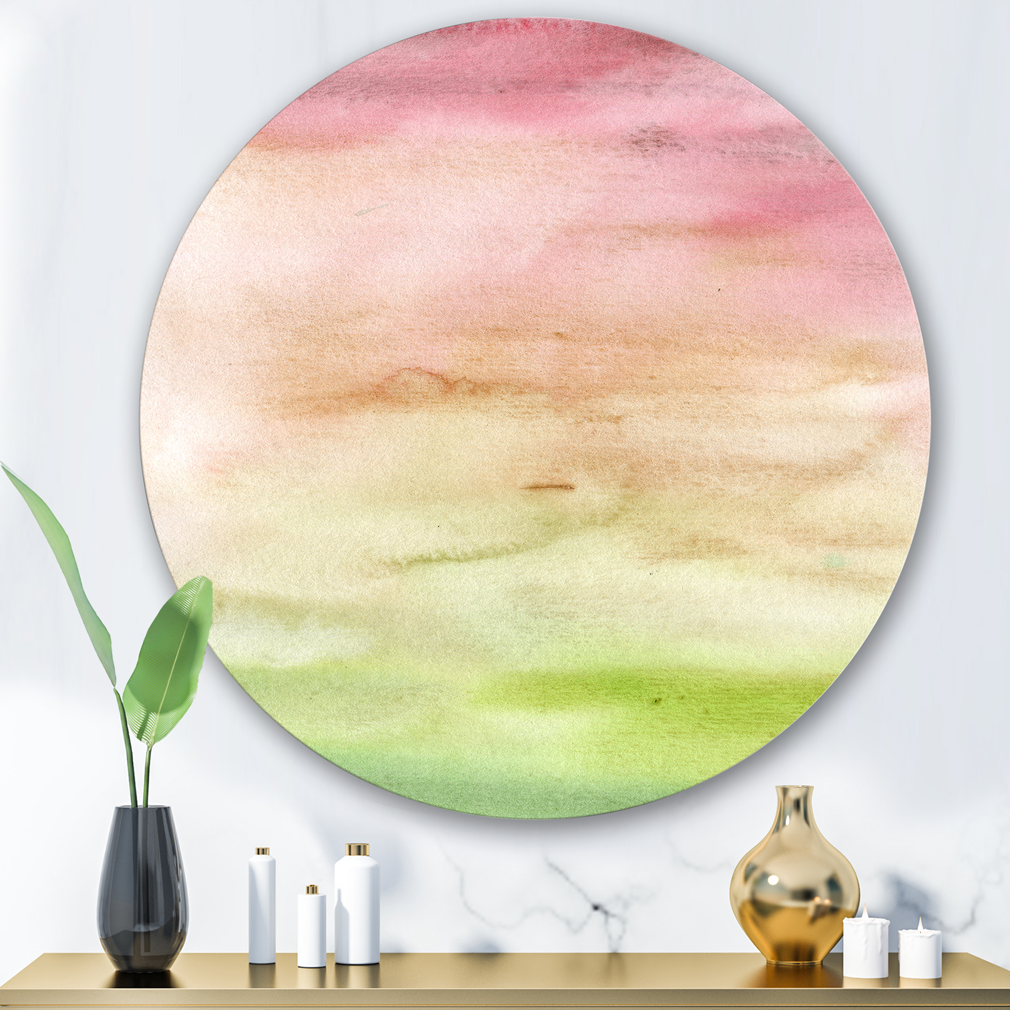 Designart 'Abstract Sunset With Pink Green and Beige' Modern Circle Metal Wall Art 29x29 - Disc of 29