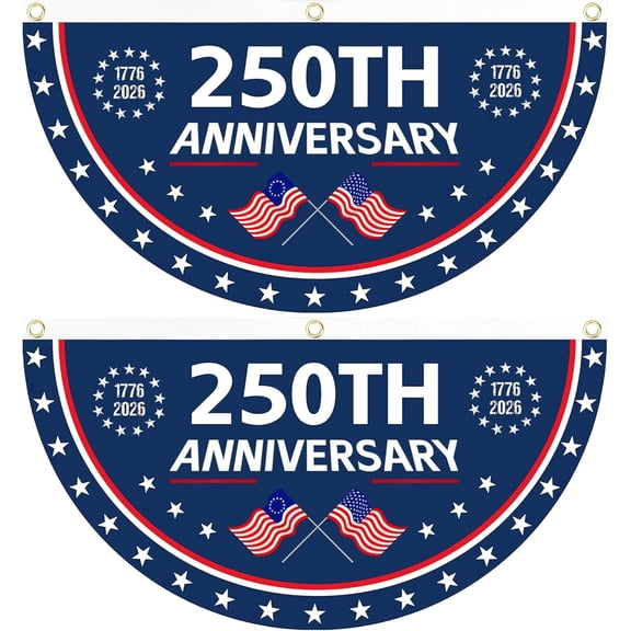 2 Pack America 250th Anniversary Bunting Banner, 35 x 18 in Patriotic Half Round Flags for Porch Party Decor