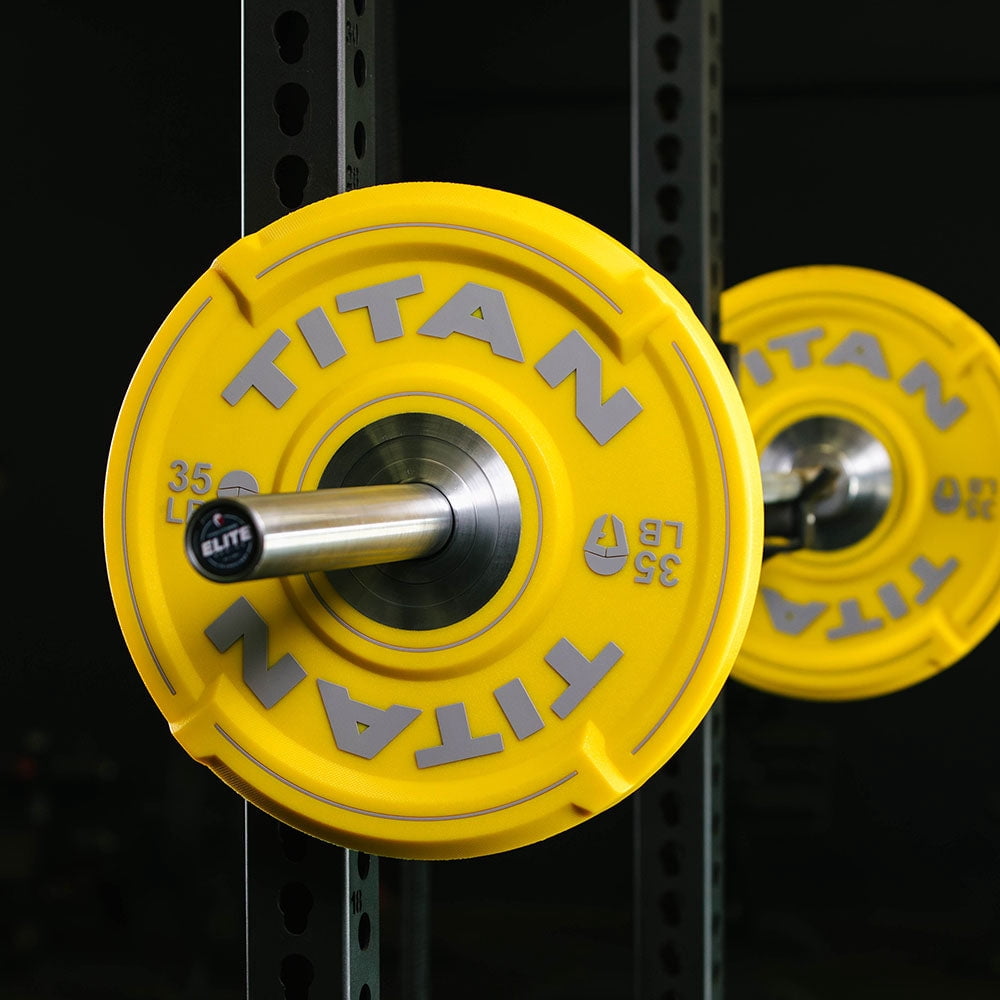 Titan Fitness 35 LB EZ-Grip Urethane Olympic Weight Plate, Single Yellow Competition Plate with Steel Chrome Core, Easy-Grip Interlocking Design, Weightlifting, Strength Training, Home Gym Plates