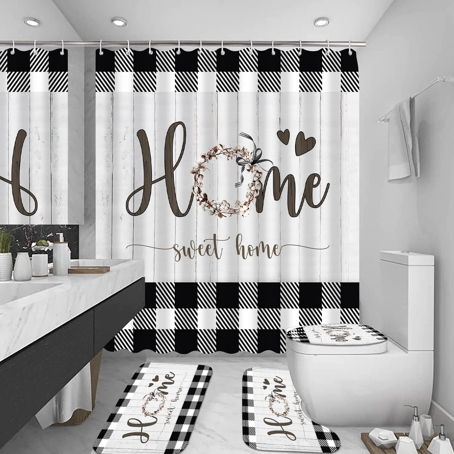 Black and White Shower Curtain Set Home Sweet Home Bathroom Sets with Rugs,Rustic Plaid Bathroom Shower Curtain Set with Carpet Bath Mat Toilet Rugs