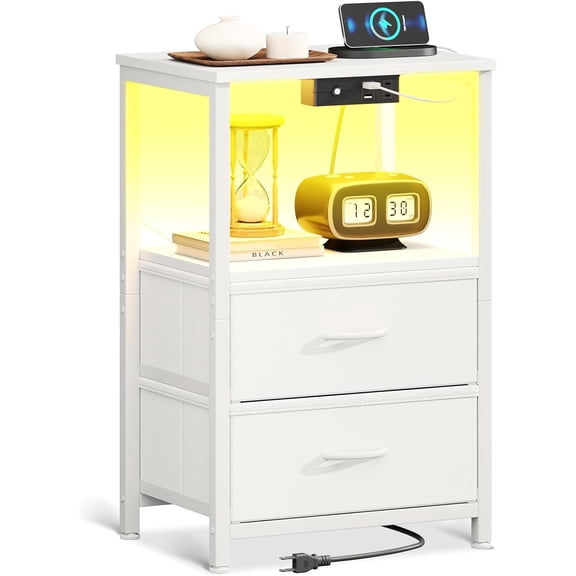 White Night Stand with Charging Station and LED Lights, End Table for Bedroom with 2 Fabric Drawers, Small Nightstand with Storage Shelf, Bed Side Table, Bedside Table