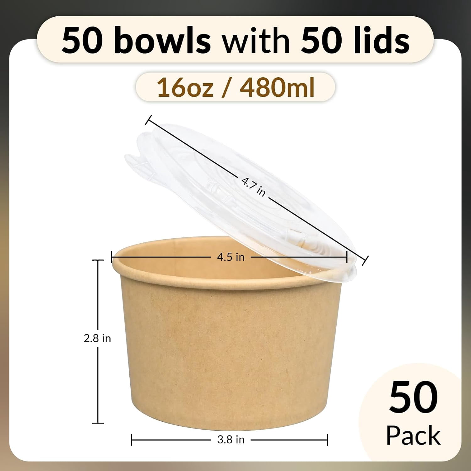 Paper Ice Cream Cups with Lids, 50 pcs 16oz Disposable Dessert Bowls with Lids for Hot or Cold Food, Paper Snack Containers for Sundae, Frozen Yogurt, Soup (Brown)