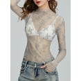 thumbnail image 6 of Douhoow Women Mesh Sheer Cover Ups Long Sleeve Slim Top Mock Neck Lace Floral See Through Shirt Tops, 6 of 8