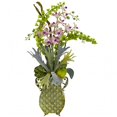 thumbnail image 1 of Orchidée et Cloches d'Irlande avec Vase en Métal, 1 of 1