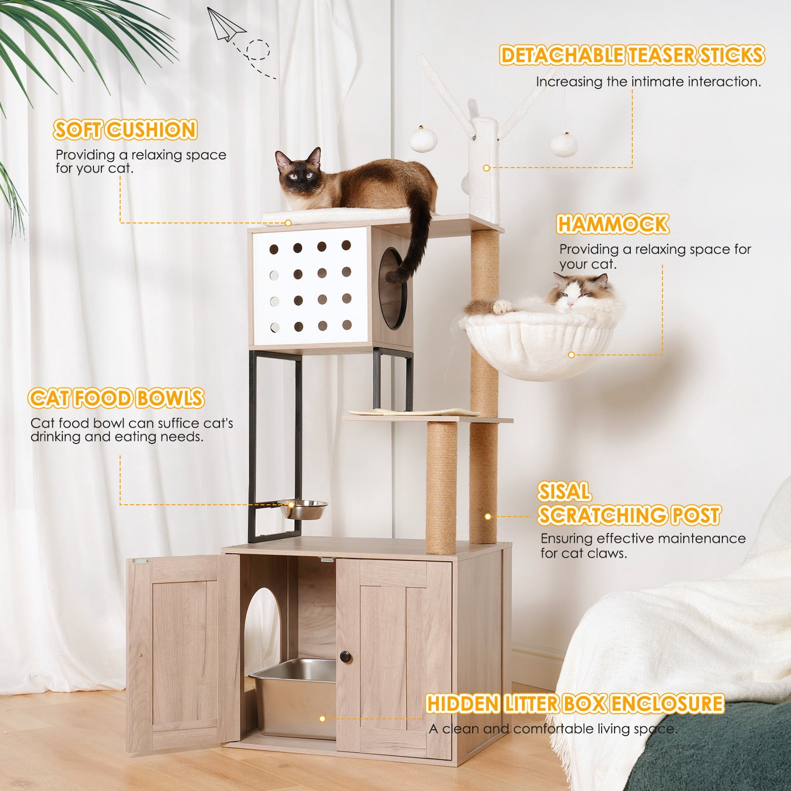 Cat Tree with Litter Box Enclosure, Modern 3-Tier Cat Tower Condo with Scratching Posts, Feeding Bowl and Removable Toys, Space-Saving Cat Furniture for Indoor Cats, Gray White