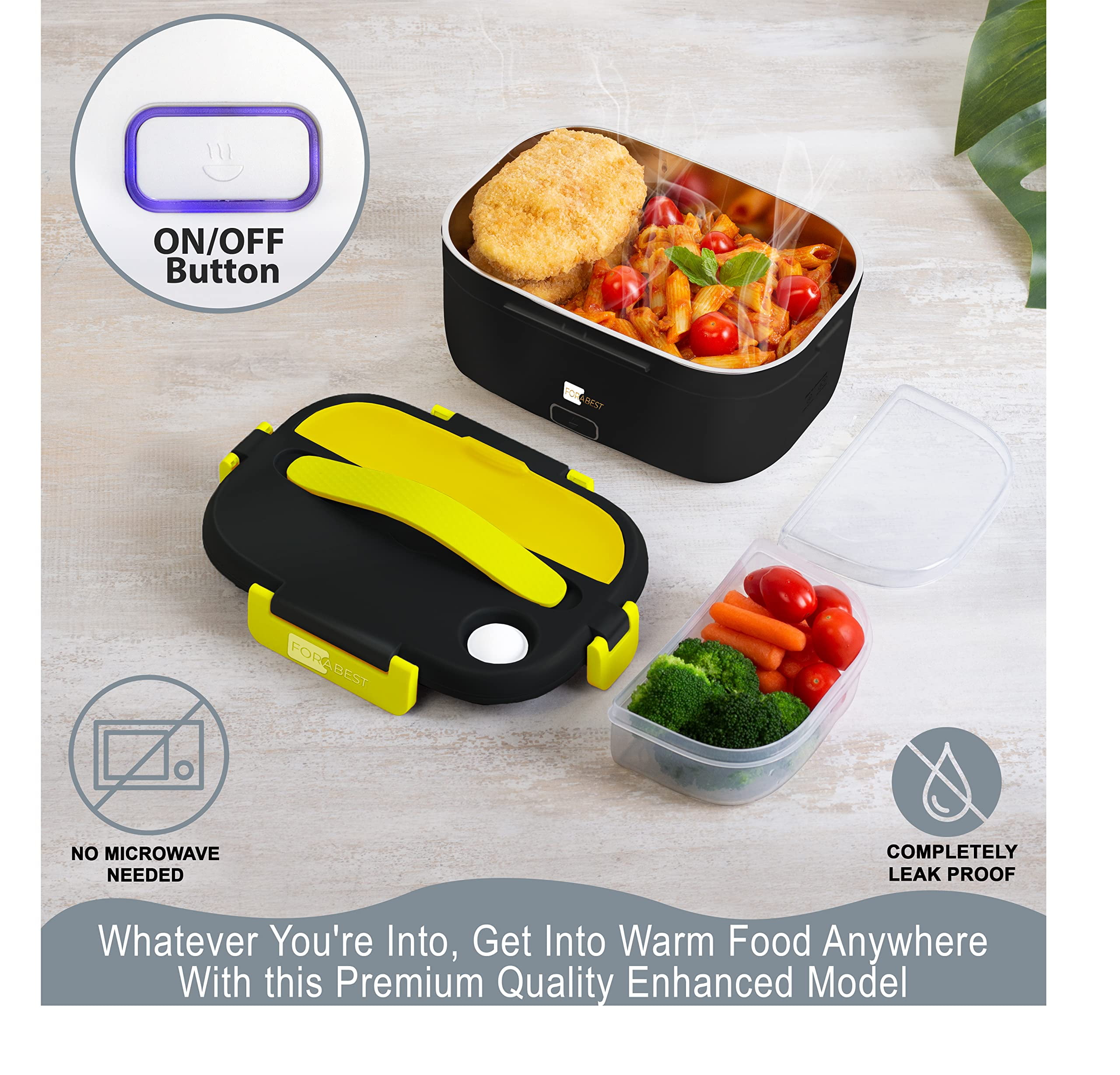 FORABEST Electric Lunch Box Food Heater Upgraded Portable Food Warmer with Power on/off Button 12V/24V,110V/220V, SS Container, Large utensils, Fast Heating for Car/Truck/Home/office and Camping.