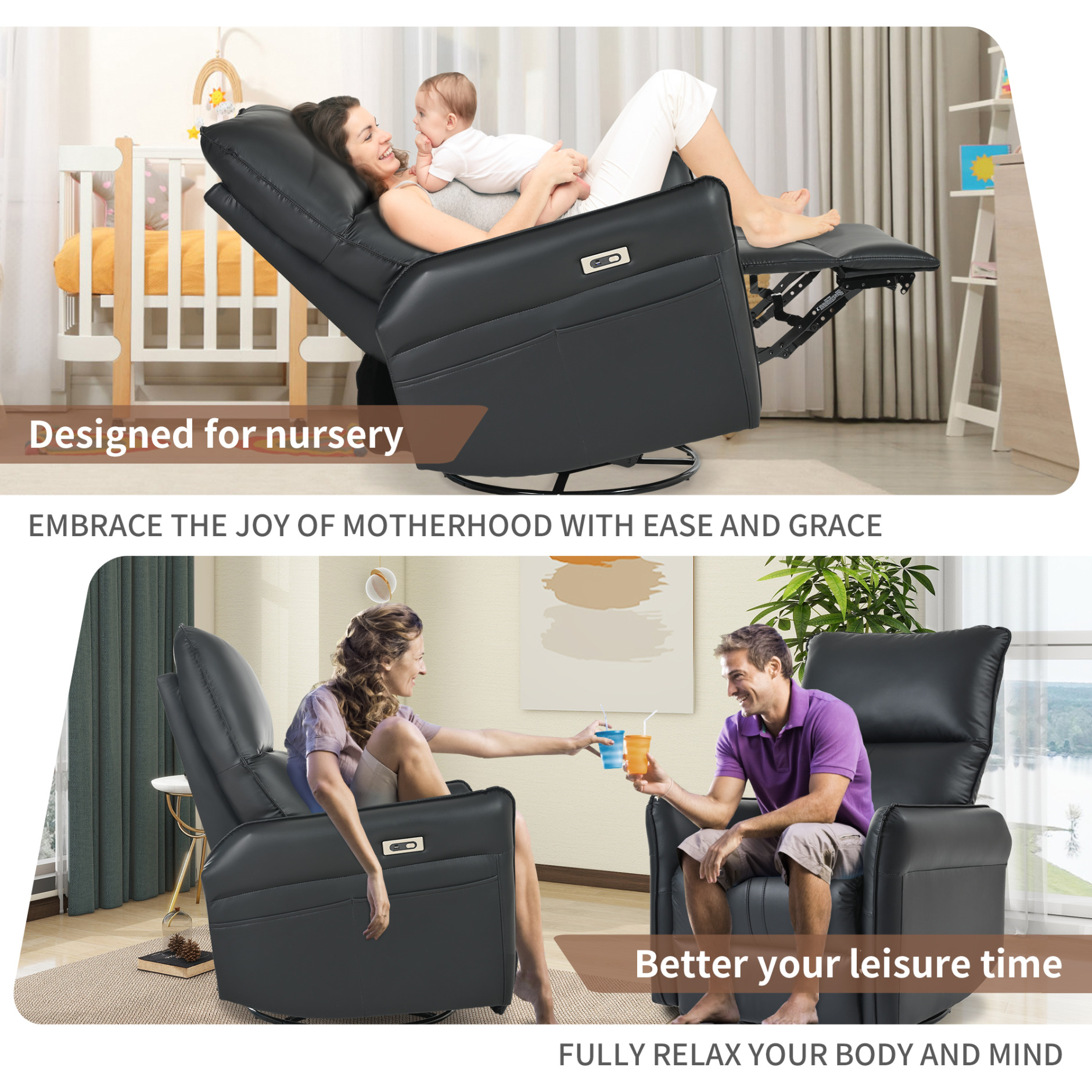 Power Swivel Rocker Recliner Chair for Adults, 270° Swivel Rocking Recliner Chair,Electric Small Recliners for Small Spaces, Single Sofa Recliner for Living Room, Bedroom,RV (Black+270°Swivel)