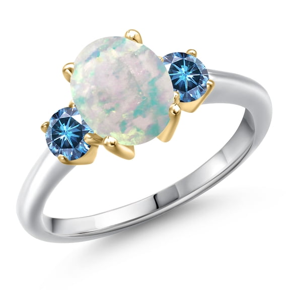 Gem Stone King 10K Two Tone Gold Simulated White Opal and Persian Blue Moissanite Engagement Ring for Women | 1.46 Cttw | Oval Cabochon 9X7MM | Gemstone October Birthstone | Size 9