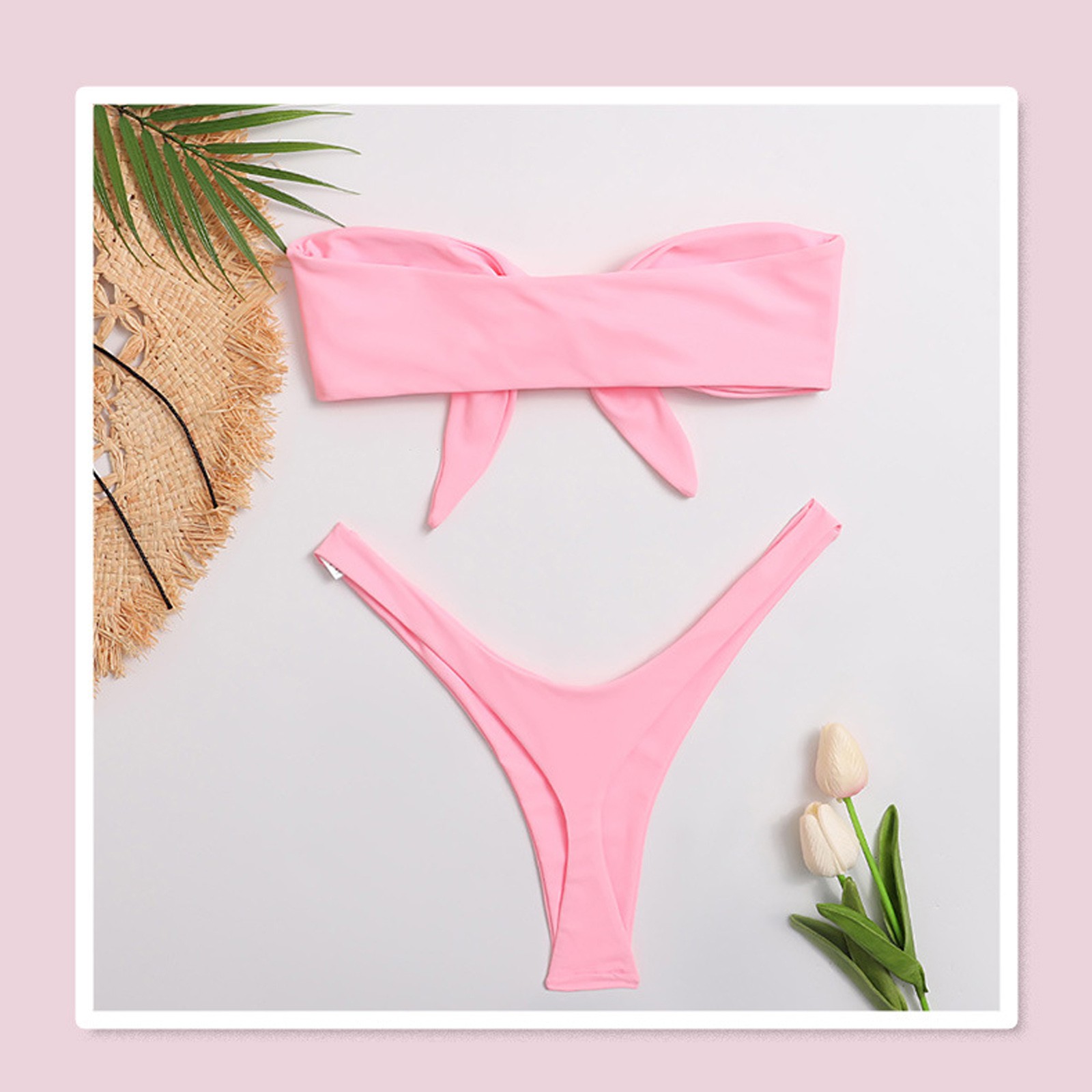 Bikini Deux Pièces Rose Fluo à Fleurs - Maillot De Bain Transparent à La Mode - Pour Plage, été - 10