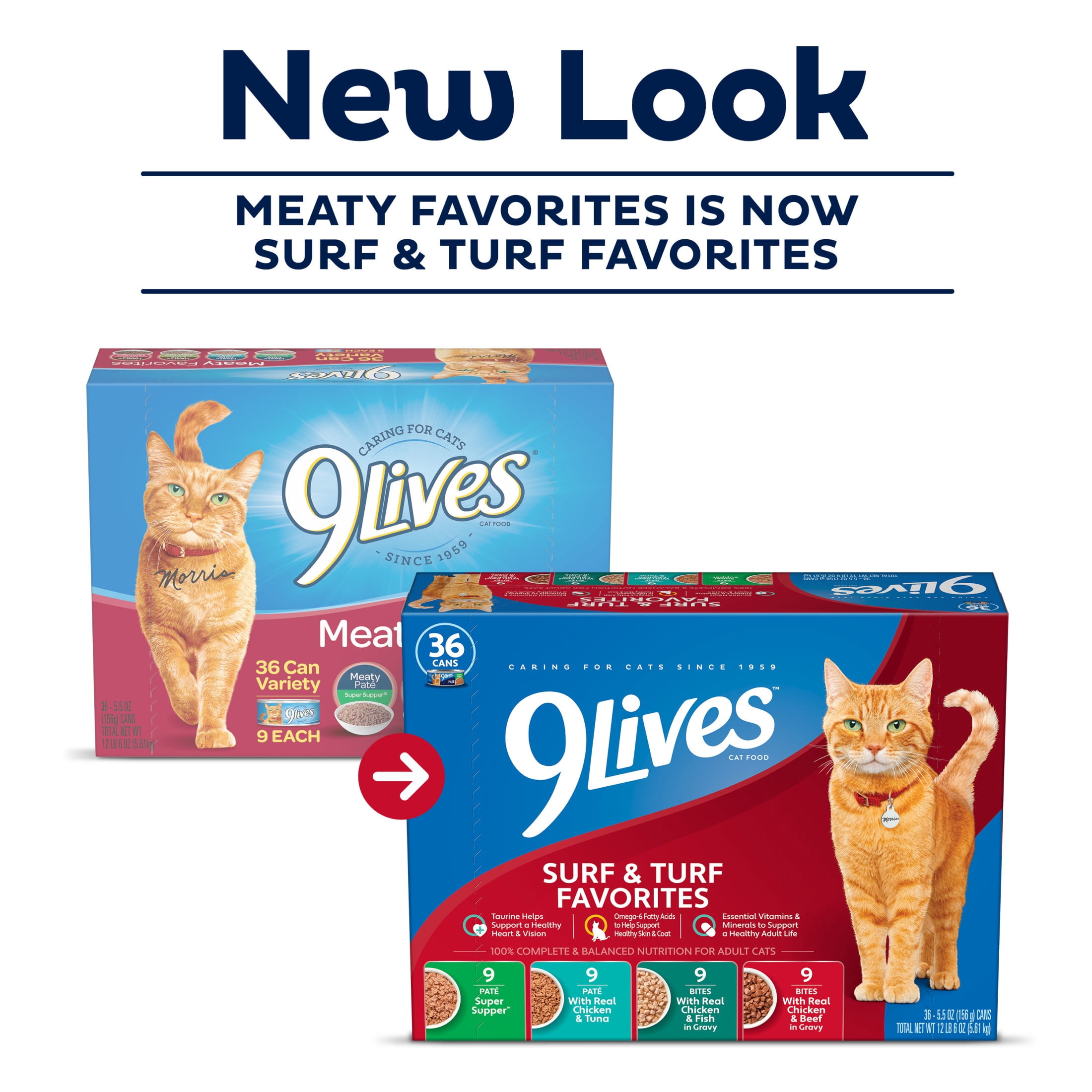 9Lives Surf & Turf Favorites Wet Cat Food Variety Pack, 5.5 oz. cans (pack of 36)