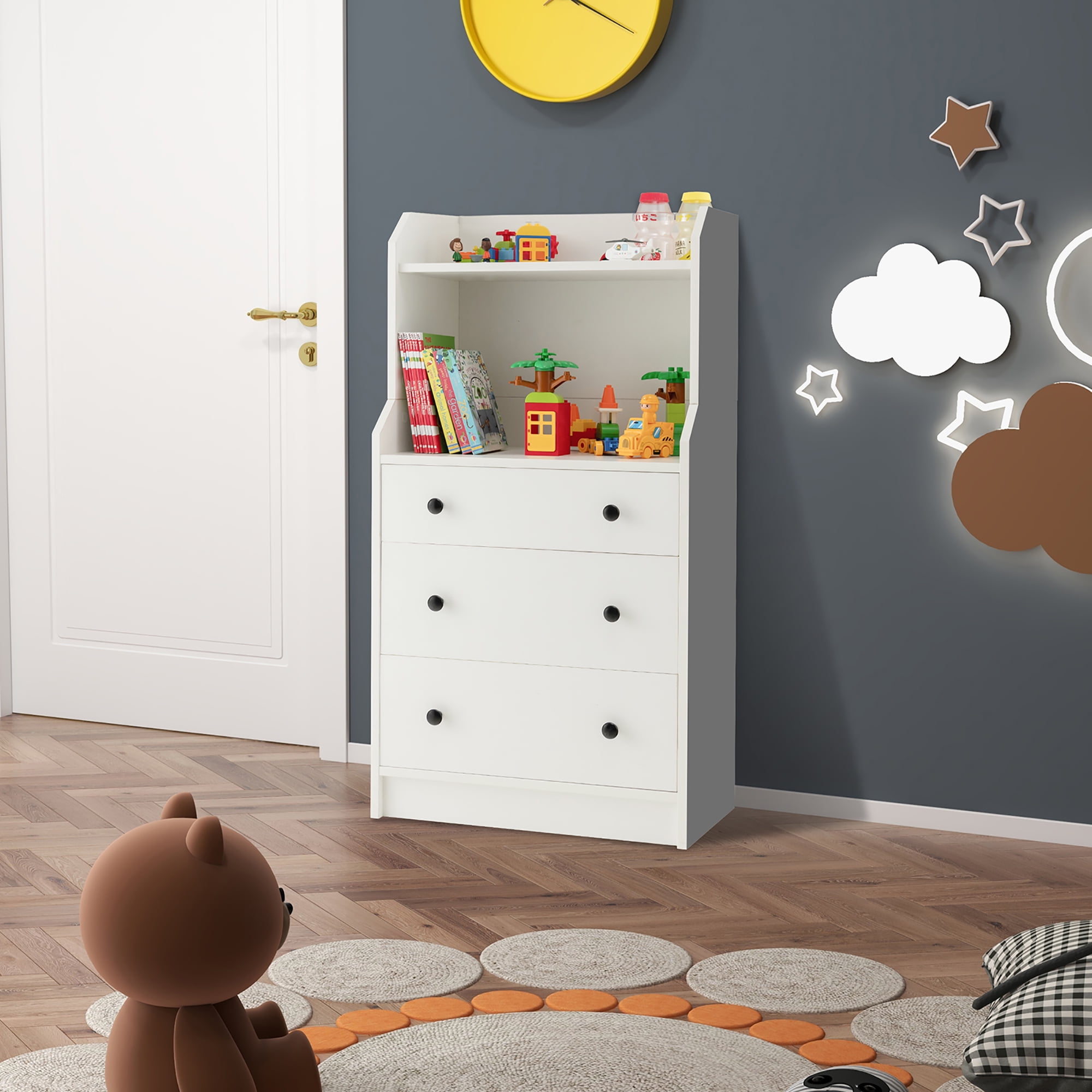 Gymax 3-Drawer Dresser 44'' Tall Wood Storage Organizer Chest w/ 2 Open Shelves White