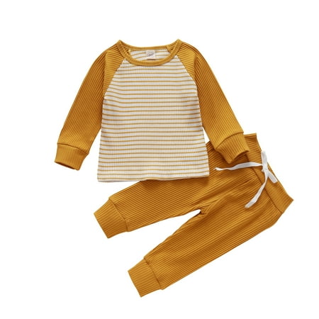 

Honeeladyy Winter Newborn Infant Baby Boys Girls Long Sleeve Patchwork Striped Tops+Pants Set Yellow Discount