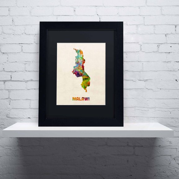 Trademark Fine Art "Malawi Watercolor Map" Canvas Art by Michael Tompsett, Black Matte, Black Frame