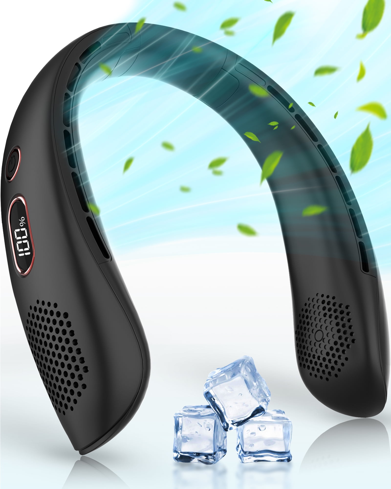 Outdoor Sports Portable USB Suspension Neck Fan, Travel Installation Static Turbine Mini Fan 360 ° Cooling Surround Wind, LCD Power Number Shows Summer Charging Small Black Fans