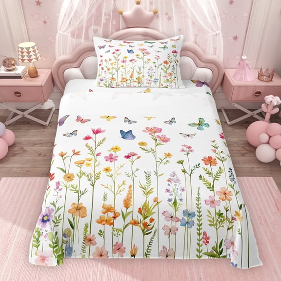 Erosebridal Colorful Butterfly Twin Sheet Sets for Kids Girls, Garden Rainbow Floral Bedding, 1 Flat Sheet 1 Fitted Sheet and 1 Pillowcase, 3pcs