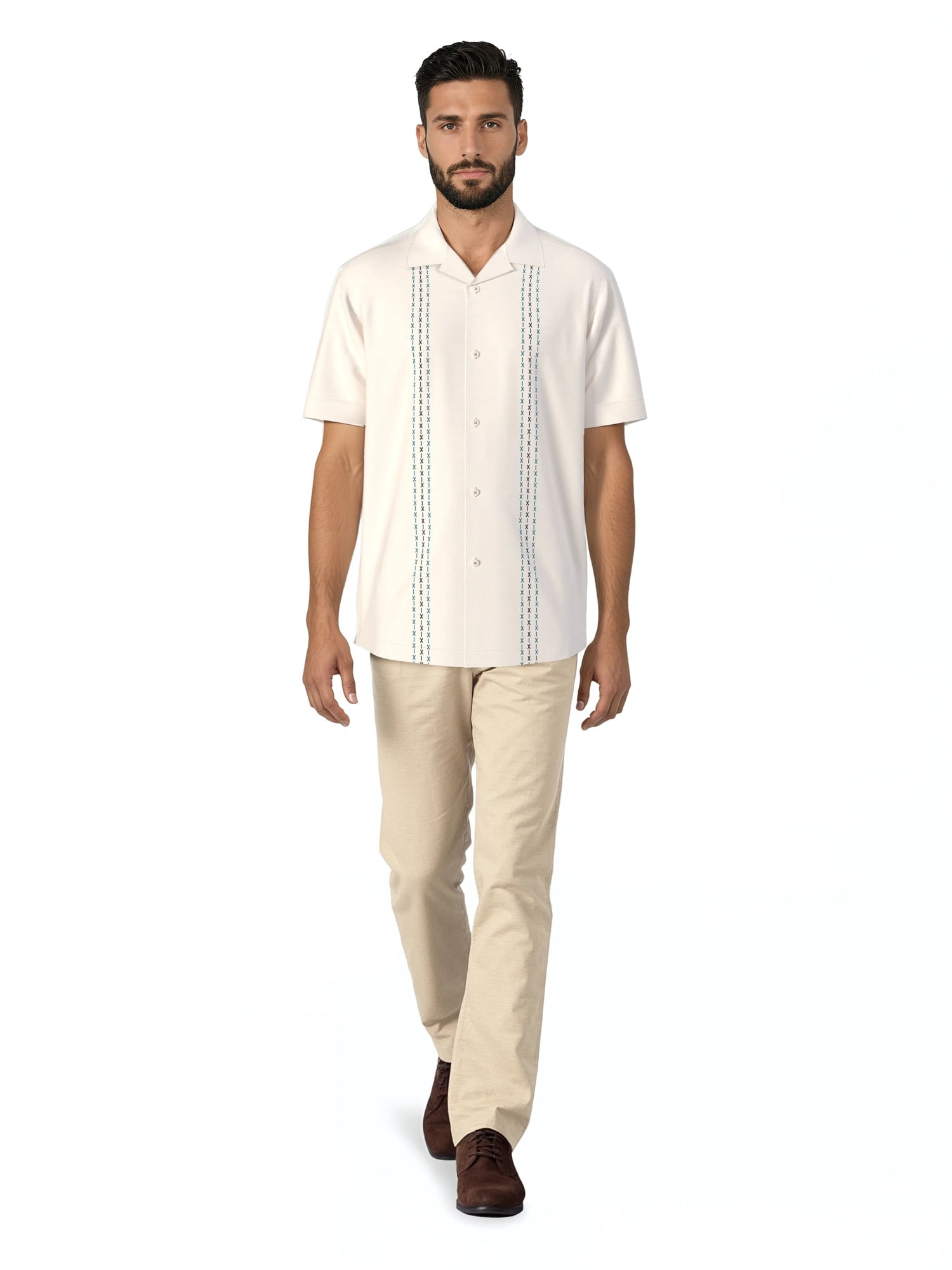 Havanera Men's and Big Men's Embroidered Panels Short Sleeve Linen Cotton Button-Down Shirt, Sizes S-5XL