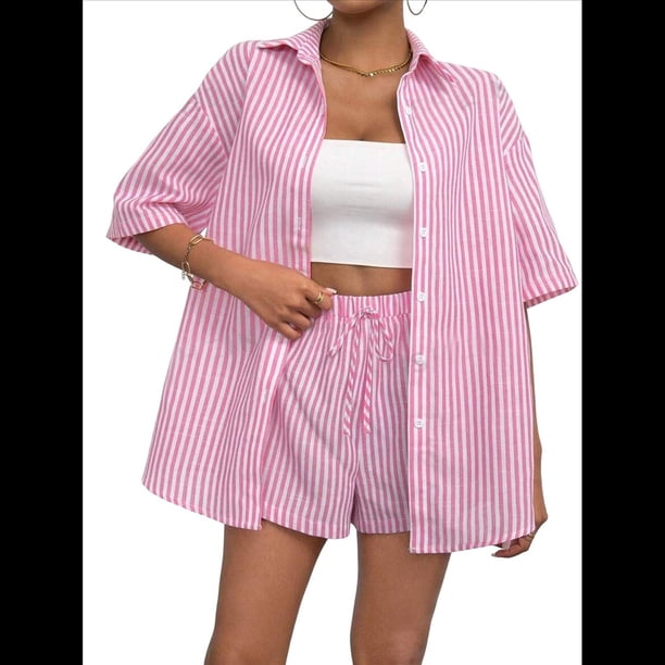 Pijama de 2 Piezas para Mujer, con Botones A Rayas, Corta, Solapa y Pantalón Corto. Rosa XXL