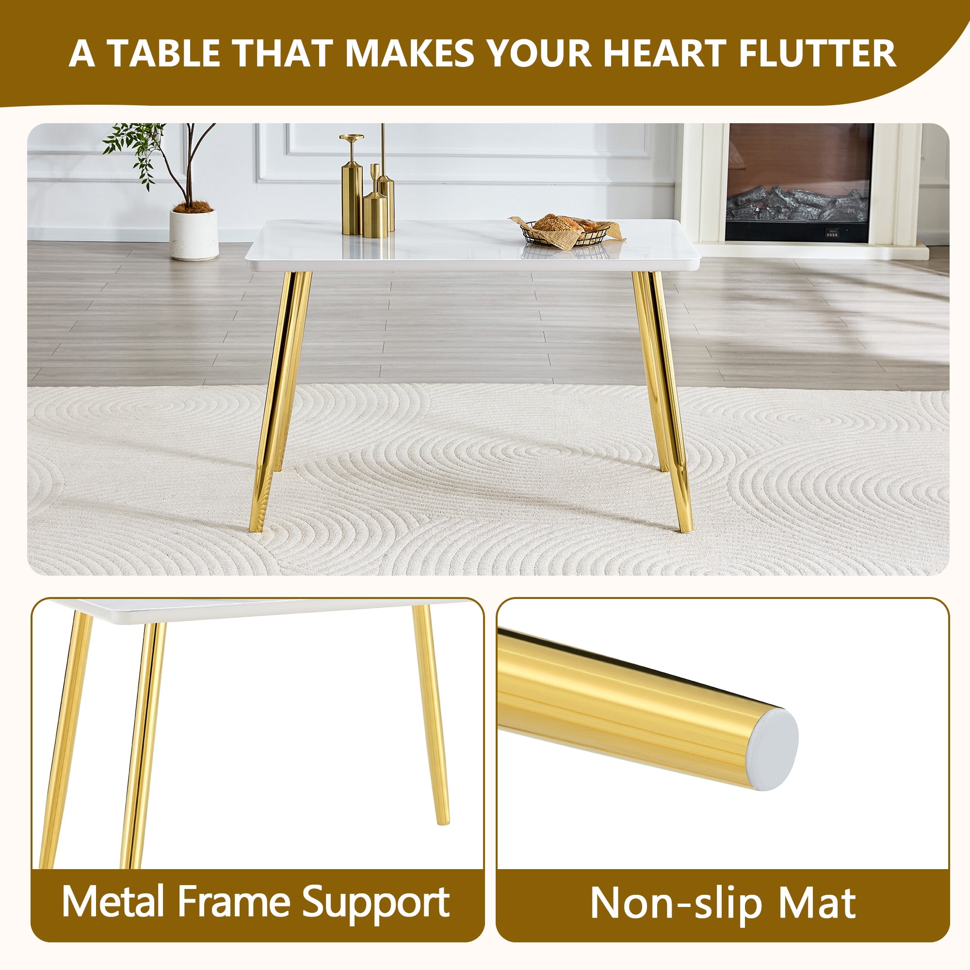 Hi loPres 47" White Modern Rectangular Dining Table for Apartments, Faux Marble Tempered Glass Top Kitchen Desk with Stable Gold Metal Legs, Minimalist Style