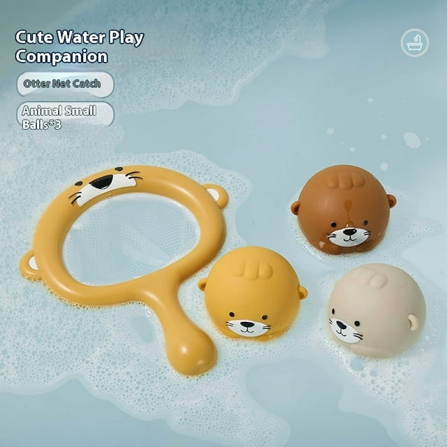 Baby bath water toy - Otter Family Tub Toy Bathtub Floating Toy for Kids - Soft Vinyl and ABS Plastic Material (Otter net fishing+3 sealed otter balls)