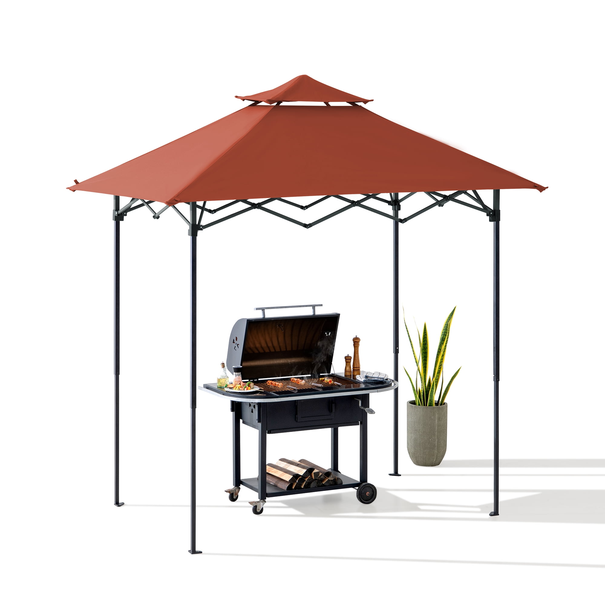 SUNJOY 8' x 5' Grill Gazebo Double Tiered Outdoor Gazebo Standing-Height Canopy with Magnetic LED Light, Adjustable Ceiling Height, for BBQ,Picnics, Outdoor Events, Red