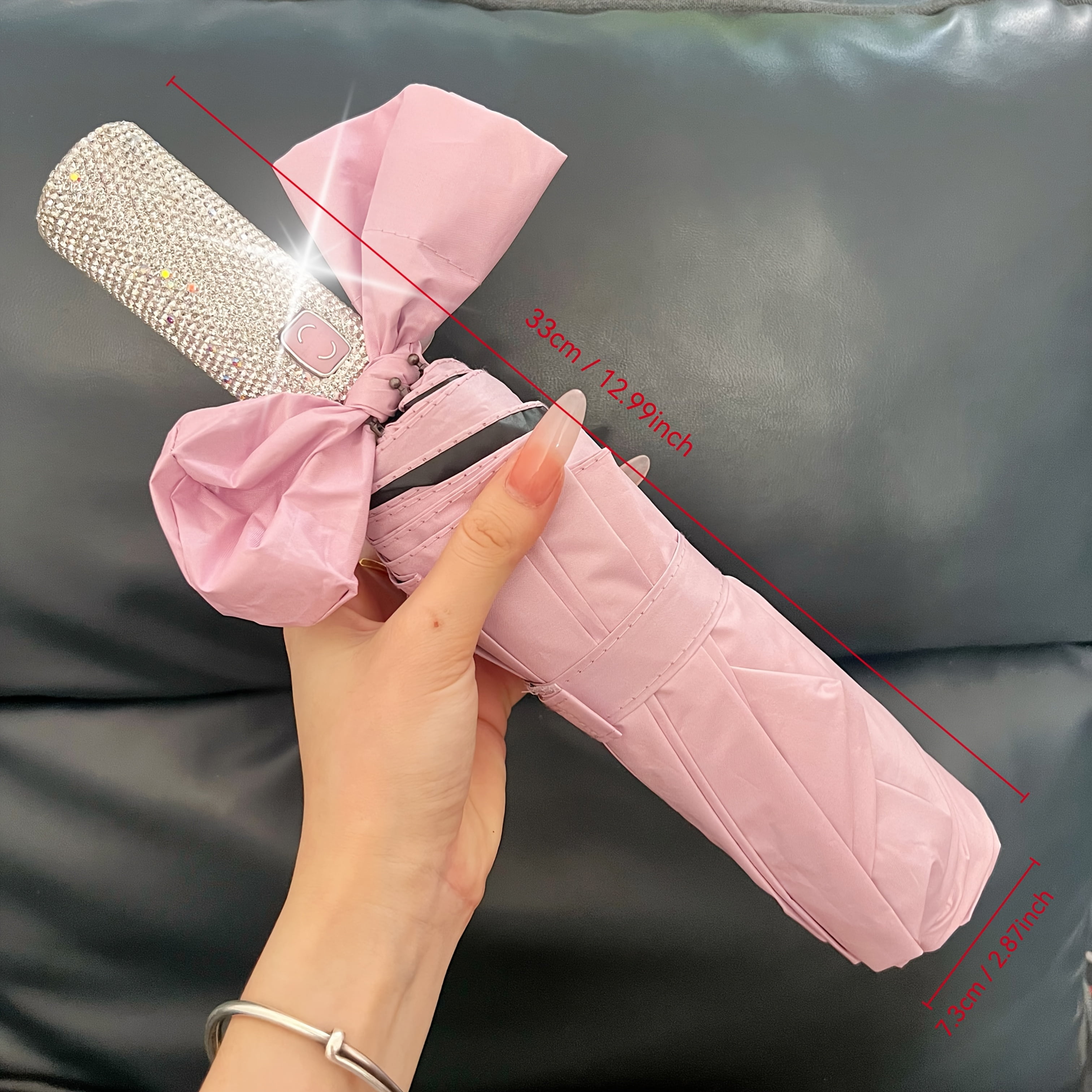 Sparkling Rhinestone-Decorated Pink UV Protection Automatic Open Compact Foalding Umbrella with Elegant Bow Handle - 10-Rib Durable Lightweight Portable Design for Women, Casual & Formal Use