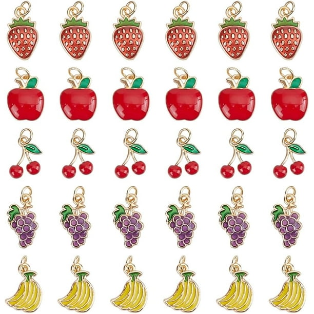 80 piezas de 5 estilos de dijes de frutas esmaltadas, colgantes de aleación de frutas, fresa, plátano, uva, cereza, colgantes.