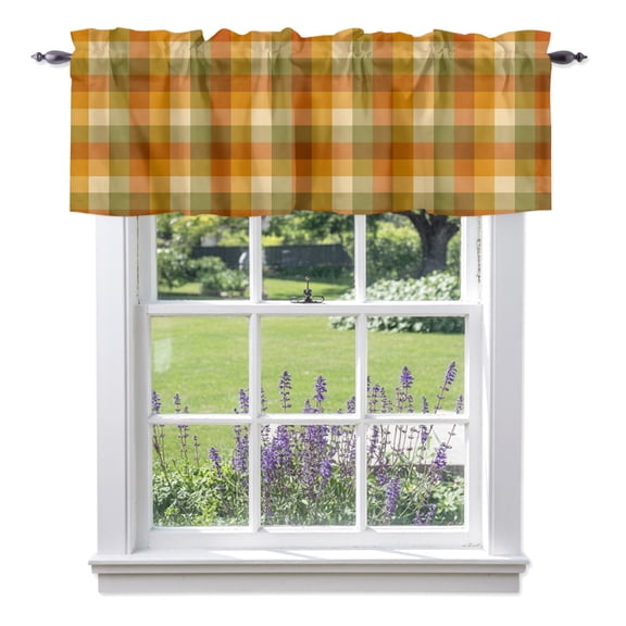 Orange Green Plaid Valances for Windows, Rustic Warm Palette Pumpkin Pastel Plaid Valance Window Treatment Rod Pocket Short Curtains Valances for Kitchen Bathroom 54"W x 18"L
