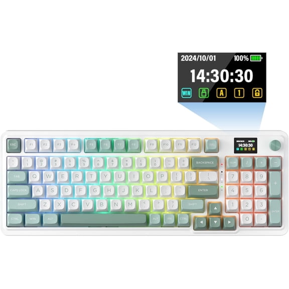 K719 Wireless Gasket Gaming Keyboard w/Hype Screen & Knob, 95 Keys Mechanical Keyboard, Easy-Control 1.14 TFT Info Display, 5-Layer Noise Dampening, Custom Linear Switch, Jade Cloud Color