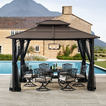 Sunjoy Hardtop Gazebo 10 x 12 ft. Outdoor Gazebo, Heavy Duty Steel Frame Gazebo, Double Tiered Metal Gazebo with Ceiling Hook and Mesh Netting, Brown