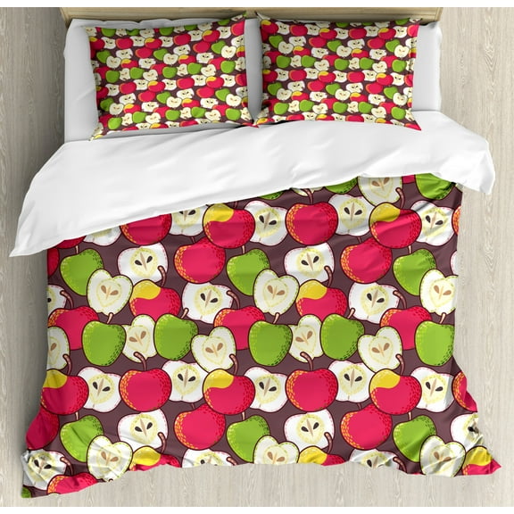Apple Queen Size Duvet Cover Set, Abstract Red and Green Varieties of Winter Fruits Juicy Vitamin Sources Fresh Food, Decorative 3 Piece Bedding Set with 2 Pillow Shams, Multicolor, by Ambesonne