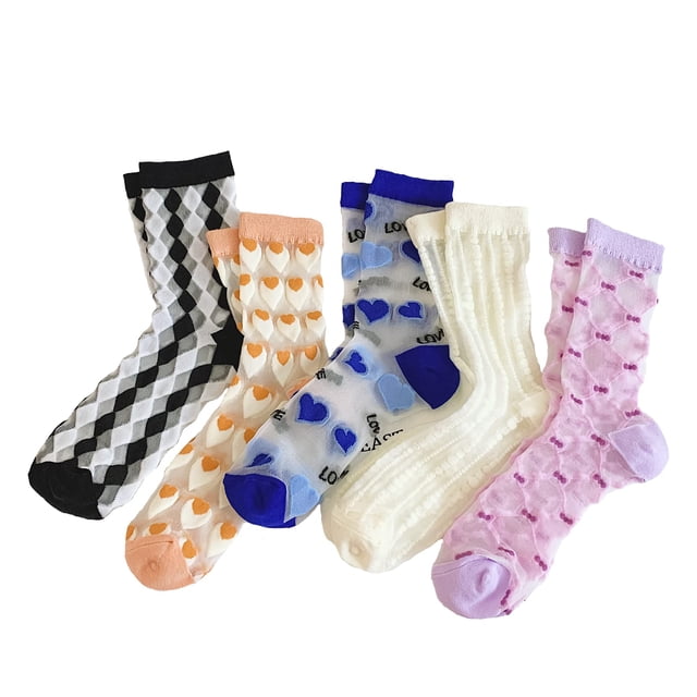 5 uds calcetines transparentes Vintage, calcetines tobilleros de flores transparentes de verano, calcetines de seda de vidrio Jacquard elásticos de encaje de malla fina
